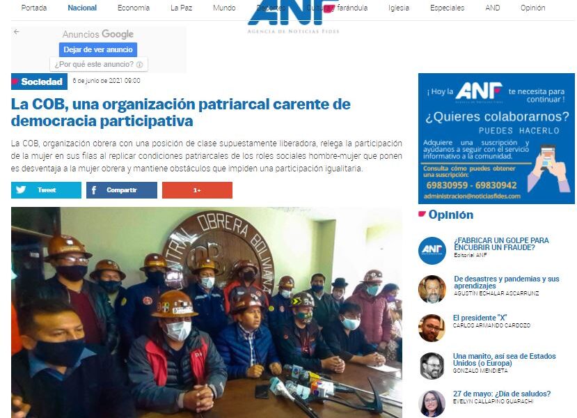 La COB, una organización patriarcal carente de democracia participativa